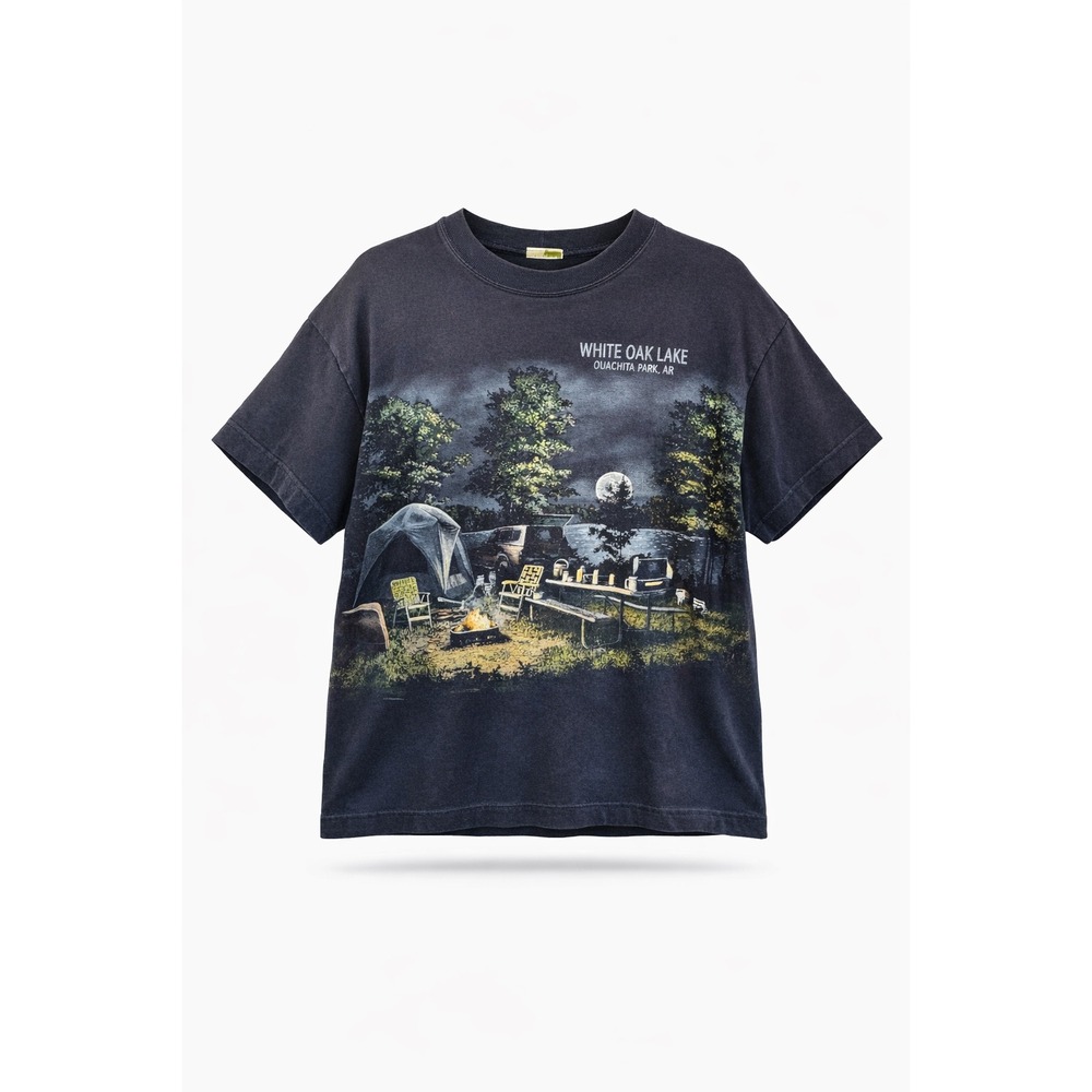 Vintage Art Unlimited White Oak Lake AR Camping AOP T-Shirt Navy Large 90s Y2K